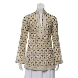 Tory Burch Long Sleeve Printed Tunic Beige/Tan, Blue & Gold Floral Design Size 2
